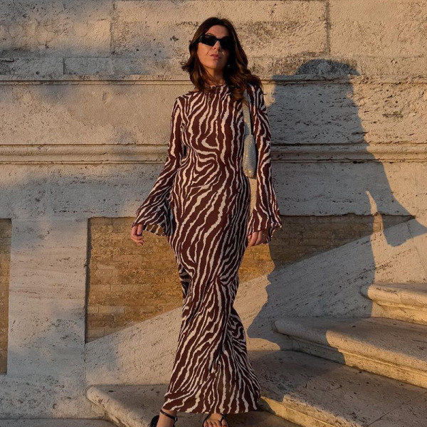 Bohemian Perspective Dress Fashion Casual Round Neck Long Sleeve Printed Dress