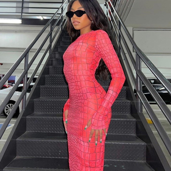 Women's fashion printing new sexy backless long sleeve hip wrap round neck dress