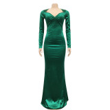 Fashion New Solid V-Neck Long Sleeve Backless Long Dress Dress