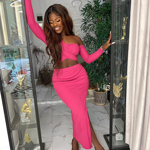 Sexy wrap chest off shoulder long sleeve split skirt casual suit