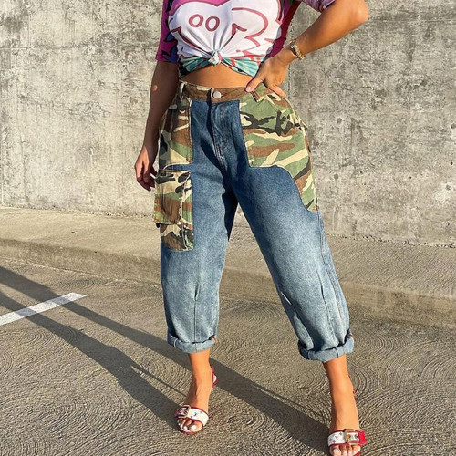 Trendy denim new camouflage contrast personalized patch pocket straight pants