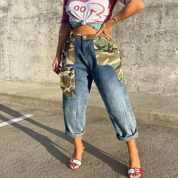 Trendy denim new camouflage contrast personalized patch pocket straight pants