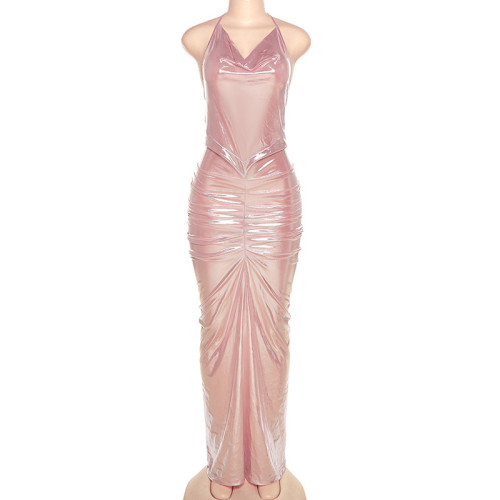 Fashionable halter backless sexy hot girl pleated slim dress