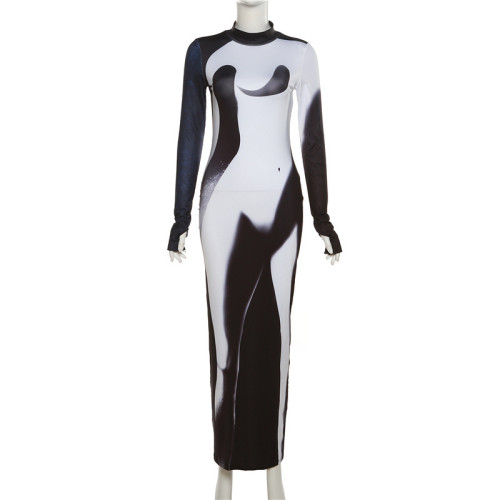 Fashion statement round neck print contrast slim display dress