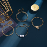 Fashion Geometric OT Buckle Metal Bracelet Female Creative Pearl Multi layer Flower Bracelet