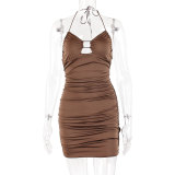 Sexy slip dress with lace up and hollowed out hip wrap skirt