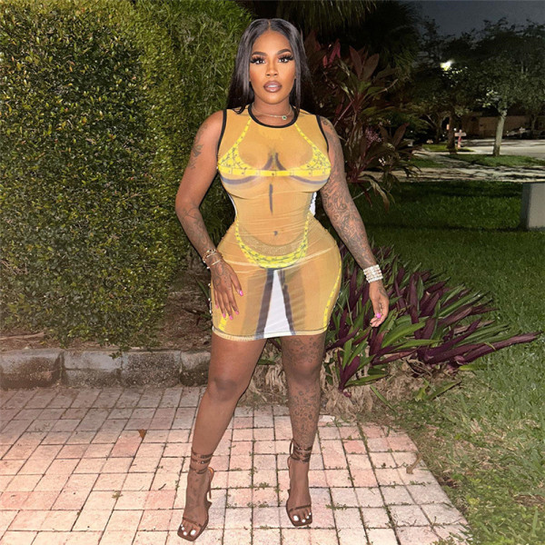 Fashionable 3D printing sexy mesh slim wrap dress