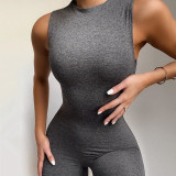 Solid stretch slim round neck sleeveless jumpsuit