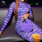 Fashion English Letter Printing Long Sleeve Pants Sports Jumpsuit
