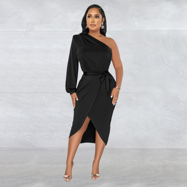 Fashion women's solid color single long sleeved diagonal long skirt dress