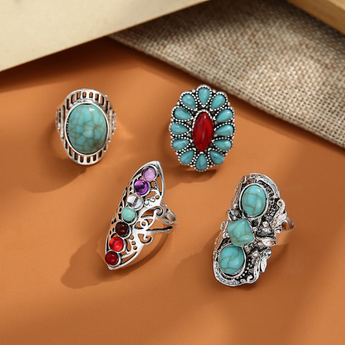 Raw mineral turquoise ring fashionable colorful gemstone 4pc combination joint ring
