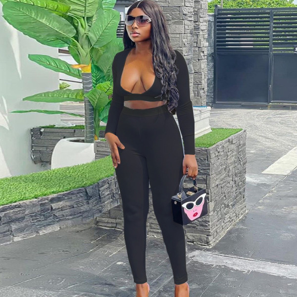 Skinny Fashion Solid Color Open Chest and Umbilical Long Sleeve Top Pants Sportsuit