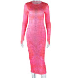 Women's fashion printing new sexy backless long sleeve hip wrap round neck dress