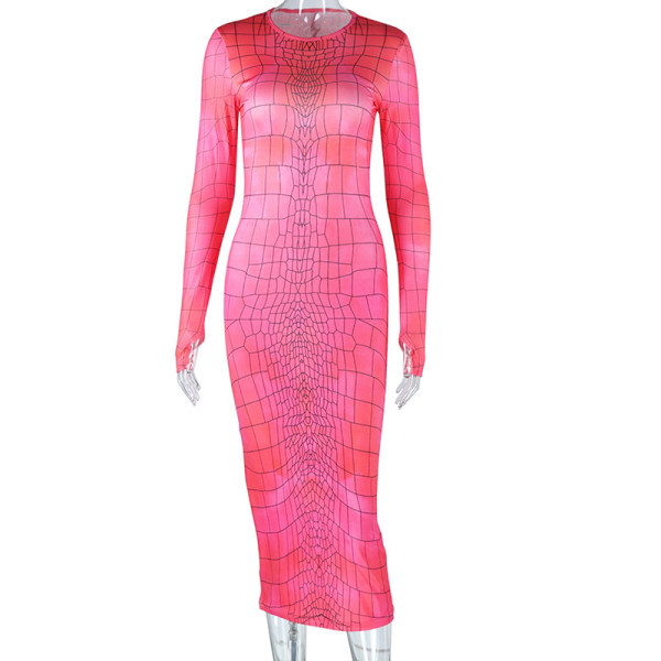 Women's fashion printing new sexy backless long sleeve hip wrap round neck dress