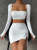 Long sleeved women's two-piece dress sexy square neck pleated hip skirt split