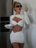 Sexy hollow out long sleeve irregular hip wrap skirt