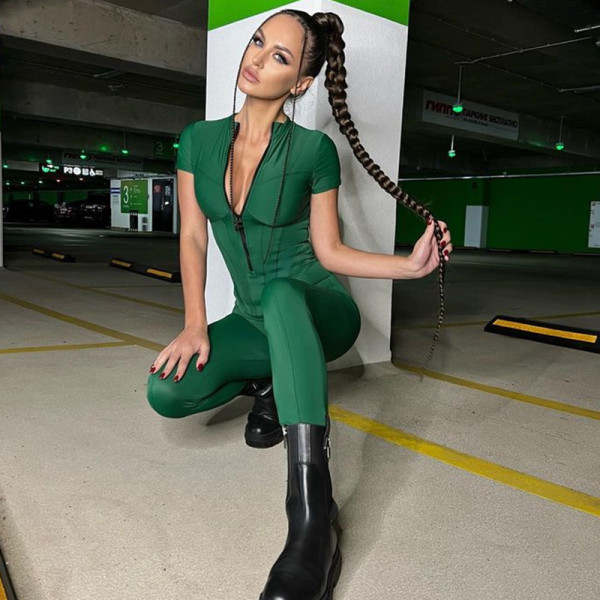 Sexy tight striped jumpsuit fashion short sleeved long women's dress can be worn outside