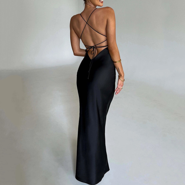 Women's sexy suspender satin dress Autumn new fashion backless strap waist long skirt