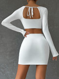 Long sleeved women's two-piece dress sexy square neck pleated hip skirt split