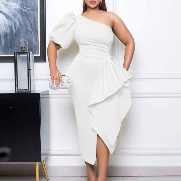 Slant Neck Split Ruffle Dress Sexy Dress