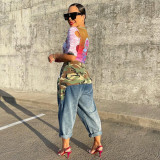 Trendy denim new camouflage contrast personalized patch pocket straight pants