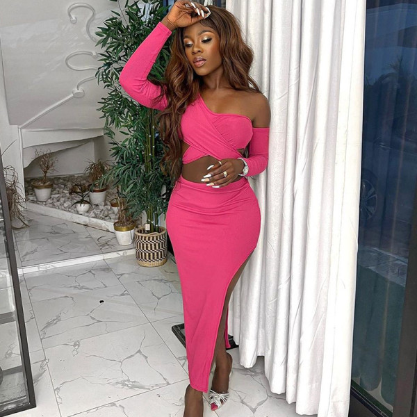 Sexy wrap chest off shoulder long sleeve split skirt casual suit