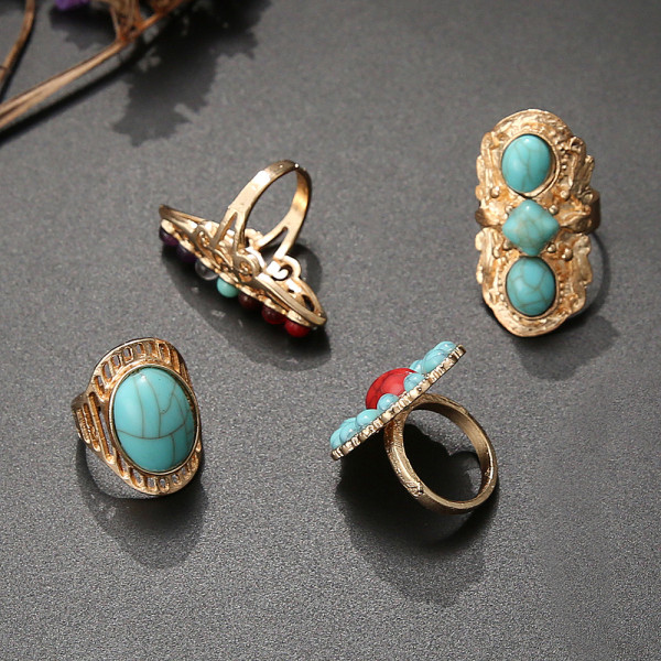 Raw mineral turquoise ring fashionable colorful gemstone 4pc combination joint ring