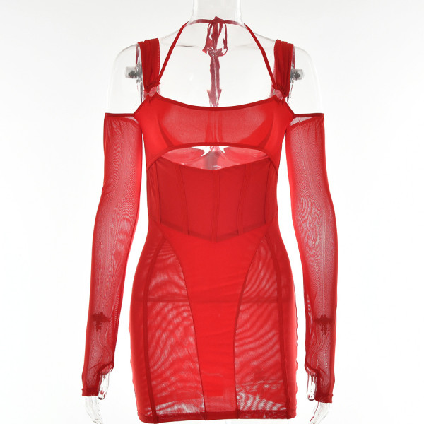 Sexy suspender tight dress fashion backless perspective long sleeve hip wrap skirt