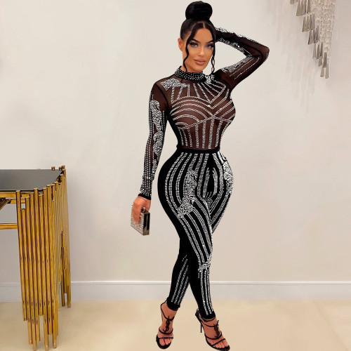 Fashion women's solid color mesh ironing long sleeved trousers jumpsuit