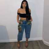 Trendy denim new camouflage contrast personalized patch pocket straight pants