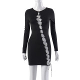 Long Sleeve Hollow out Diamond Chain Design Spice Girl Hip Wrap Dress