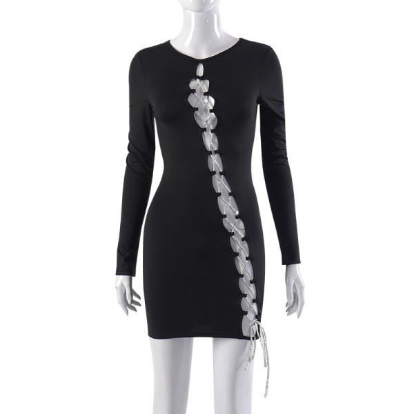 Long Sleeve Hollow out Diamond Chain Design Spice Girl Hip Wrap Dress