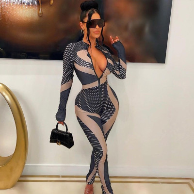 Irregular fashion printed long sleeve tight sports jumpsuit