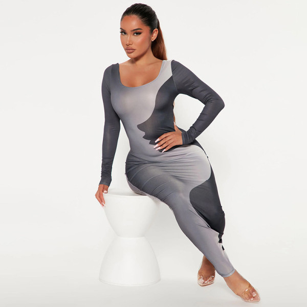 Irregular digital printing long sleeve hip wrap style dress