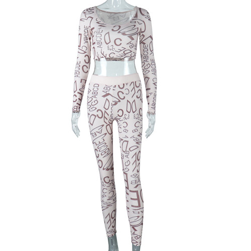 Letter printed round neck long sleeve top high waist hip lifting leggings fashion suit