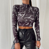 Abstract Print Long Sleeve Round Neck Street Personality Versatile Top