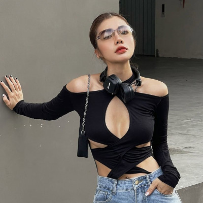 Hanging Neck Off Shoulder Wrapping Chest Long Sleeve Hollow Spice Girls Bodysuit