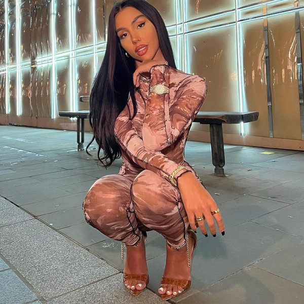 Fashion retro printing personality line long sleeve one-piece trousers suit