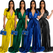 Sexy V-neck short sleeve banded pleated wide leg jumpsuit