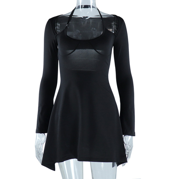Sexy Solid Neck Long Sleeve Irregular Dress