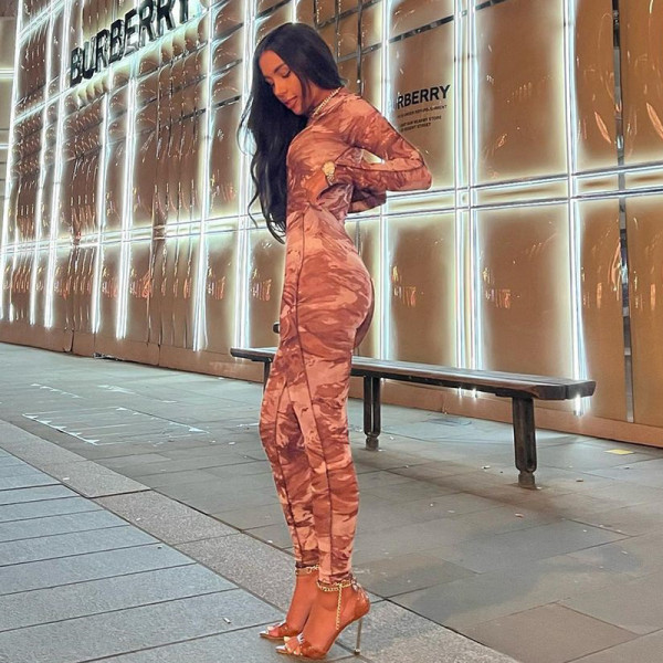 Fashion retro printing personality line long sleeve one-piece trousers suit
