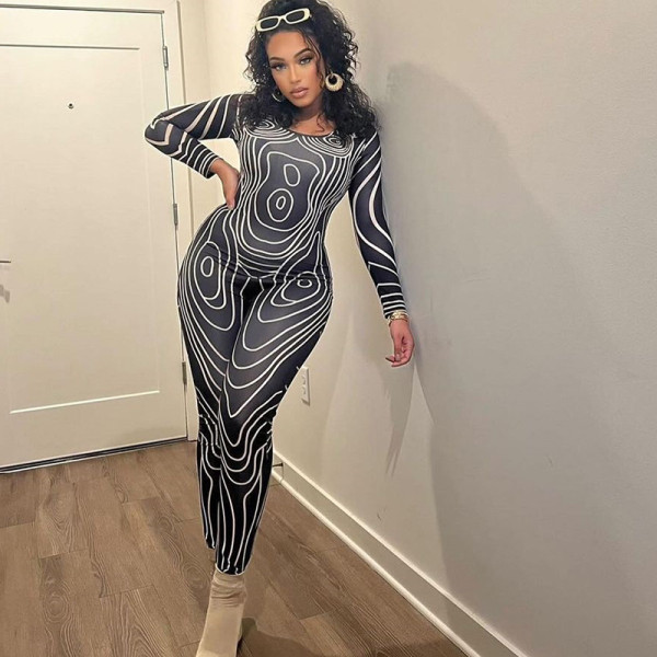 Women's long sleeve round neck irregular printing casual fashion sports jumpsuit