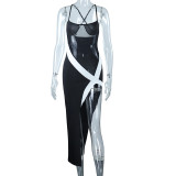 Sling black and white contrast mesh panel sexy split dress