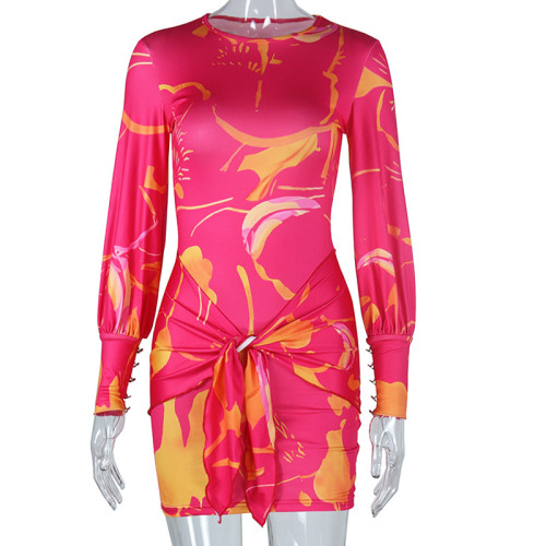 Digital printed round neck lantern sleeve lace up hip wrap dress