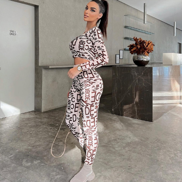 Letter printed round neck long sleeve top high waist hip lifting leggings fashion suit