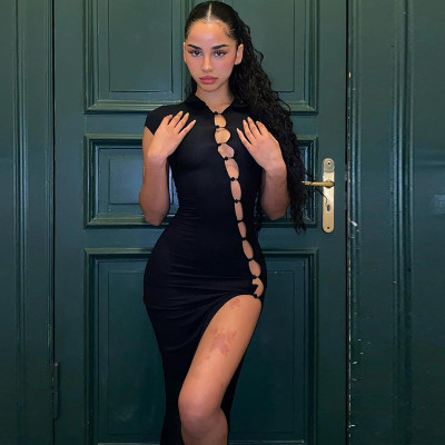 Retro solid color short sleeve girl split mid length dress