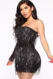 Fashionable hip wrap dress One side long sleeve sequin tassel sexy party nightclub dress