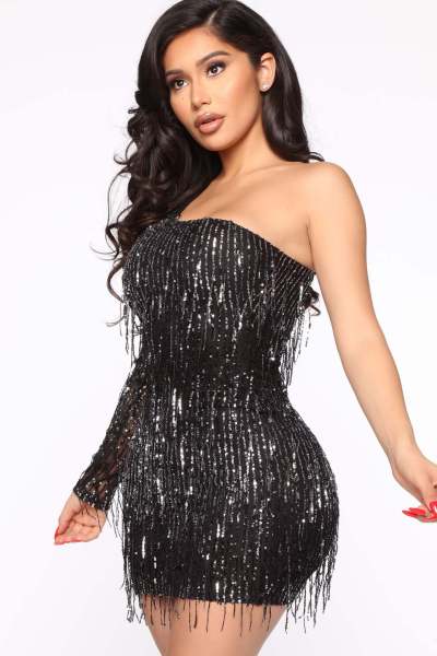 Fashionable hip wrap dress One side long sleeve sequin tassel sexy party nightclub dress
