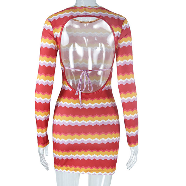 Round Neck Digital Print Open Back Lace up Hip Pullover Dress