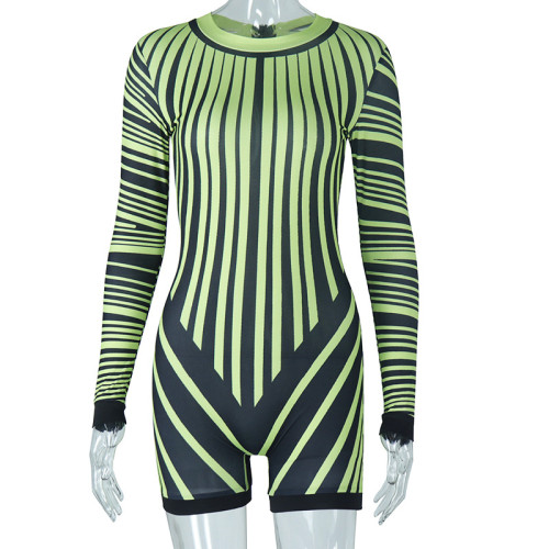Round neck long sleeve digital printing tight hip lifting one-piece shorts